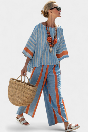 Velmere | Sophisticated Terracotta Striped Top & Linen Pants Aurevea Atelier