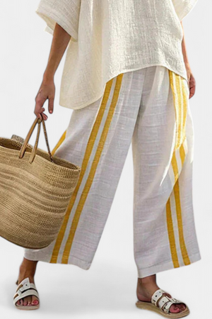 Anselor | Elegant Yellow Striped Linen Top & Wide-Leg Pants Aurevea Atelier
