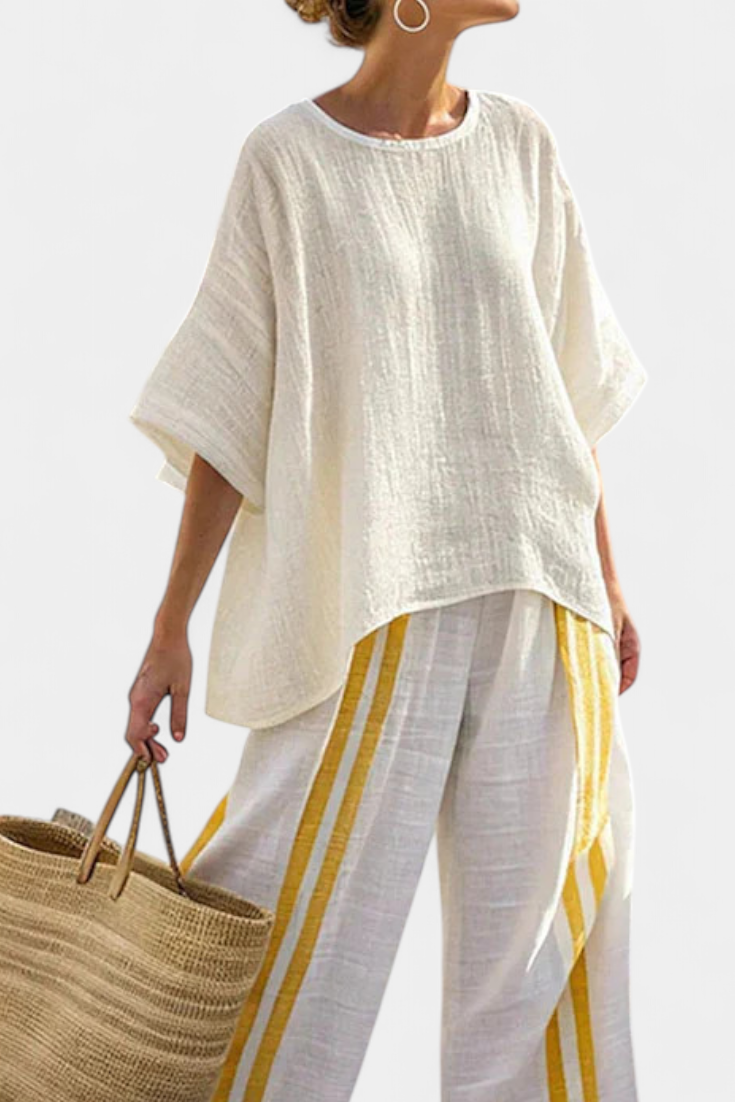 Anselor | Elegant Yellow Striped Linen Top & Wide-Leg Pants Aurevea Atelier