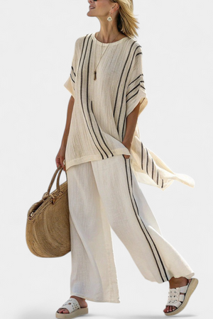Greysen | Elegant Ivory Linen Blouse & Black Striped Pants Aurevea Atelier