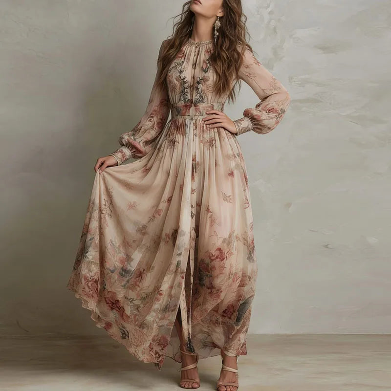 Elegant Floral Ruched Maxi Dress