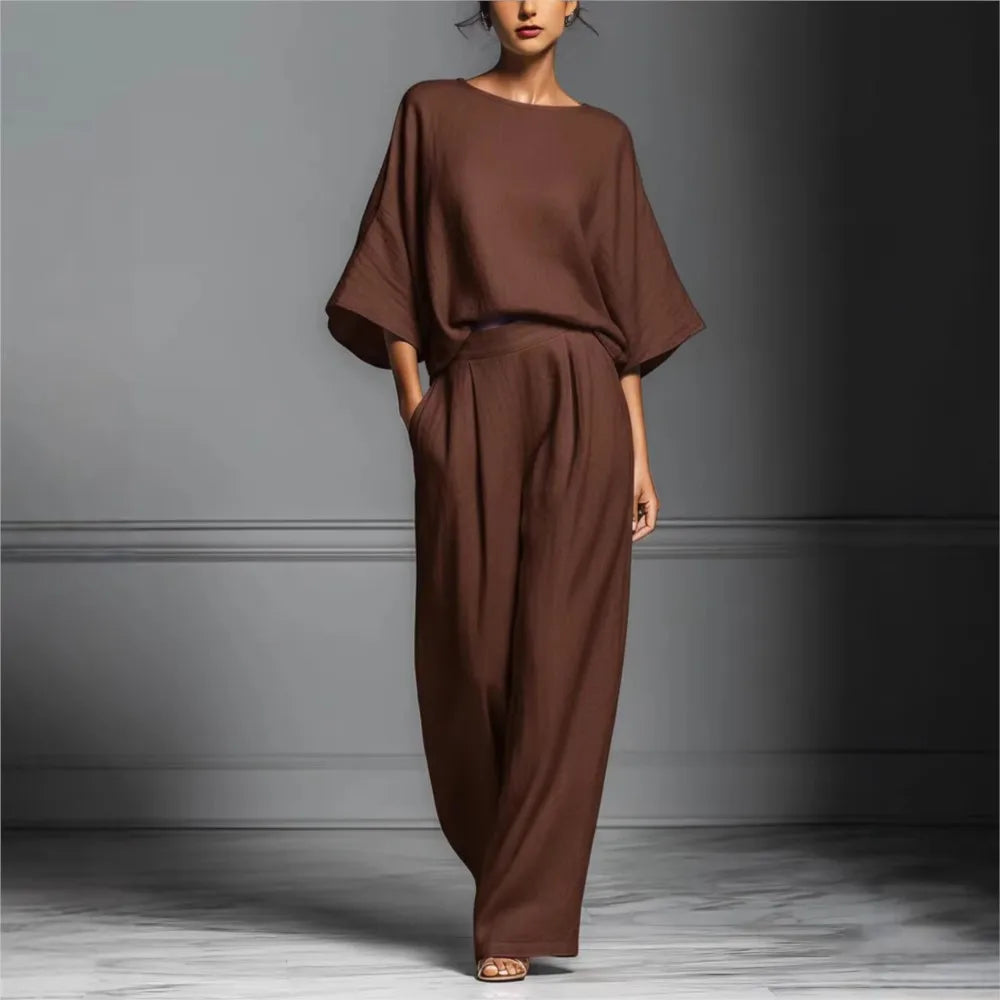 Luxury Linen 2-Piece Set – Elegant Wide-Leg Trousers & Soft Top
