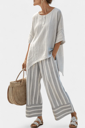 Talvora | Elegant Asymmetrical Blouse & Striped Pants Aurevea Atelier