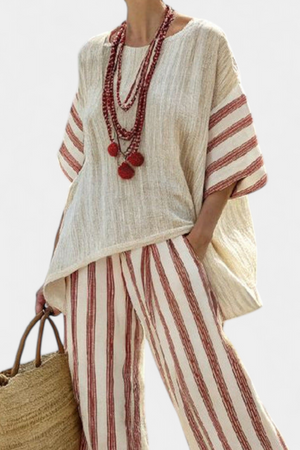 Braelith | Elegant Rustic Striped Top & Cream Linen Pants Aurevea Atelier
