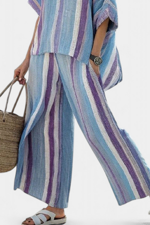 Faelith | Elegant Mauve Pastel Top & Striped Linen Pants Aurevea Atelier