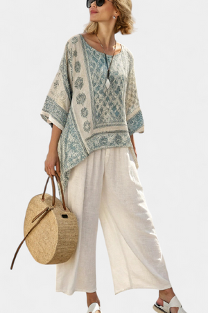 Quinley | Comfortable Printed Blouse & Wide-Leg White Pants Aurevea Atelier