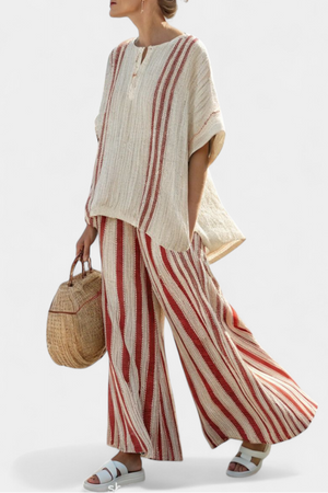 Mirella | Sophisticated Textured Red-Stripe Top & Linen Pants Aurevea Atelier