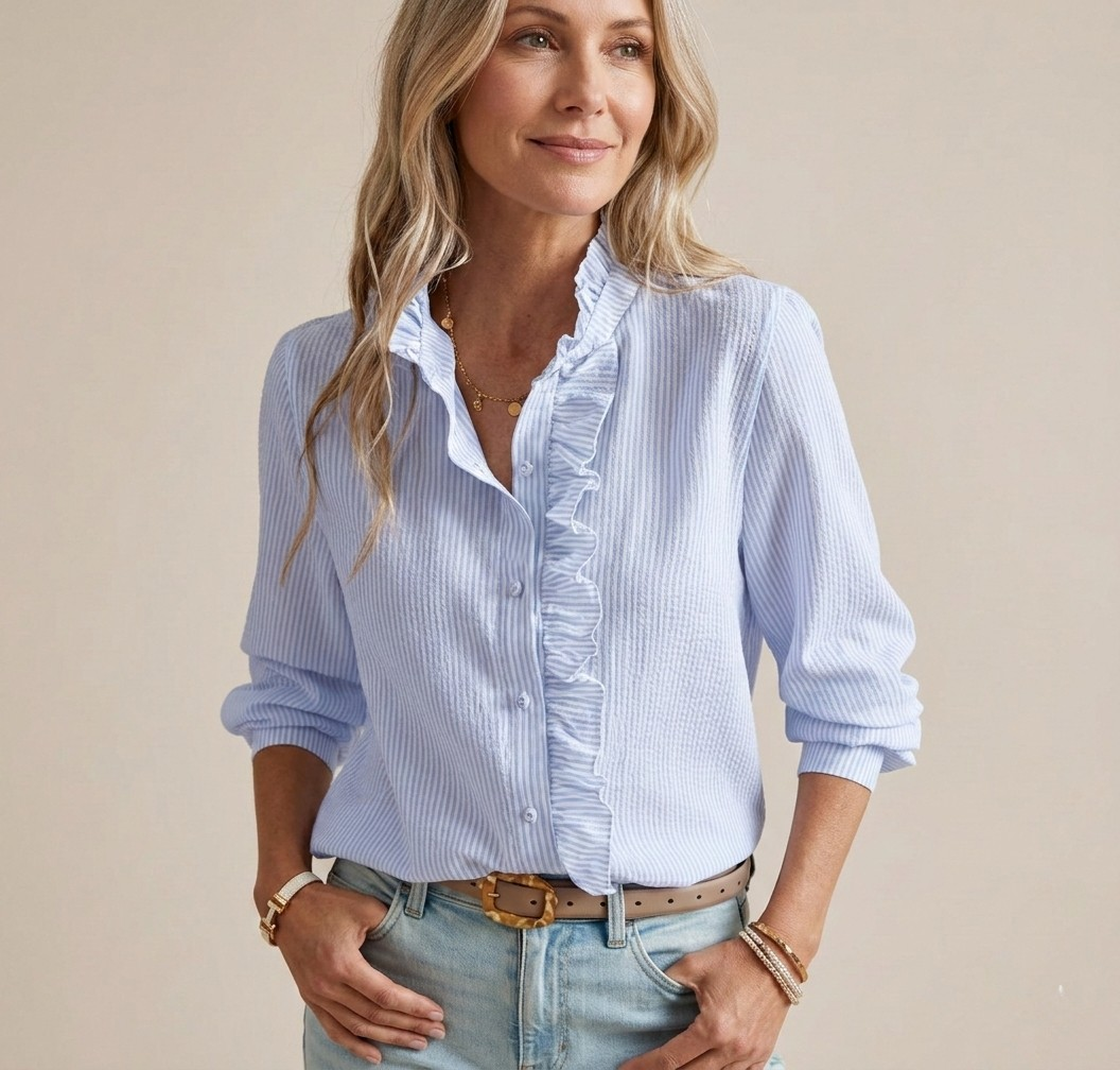 Classic Ruffle Trim Blouse – Soft Blue Stripe