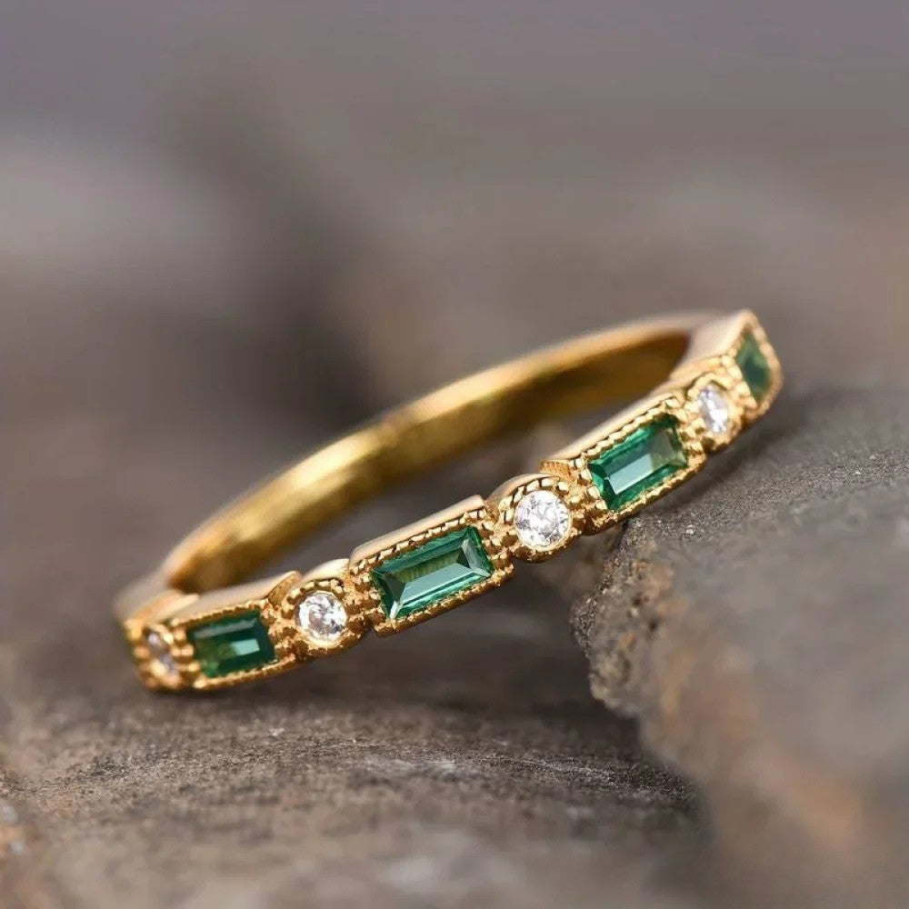 Retro Green Zirconia Gold Ring with Inlay Aurevea Atelier