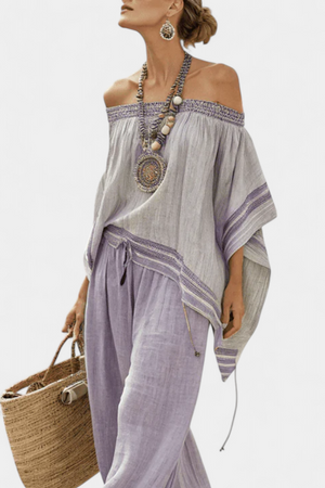 Zandrel | Elegant Off-Shoulder Top & Wide-Leg Striped Pants Aurevea Atelier