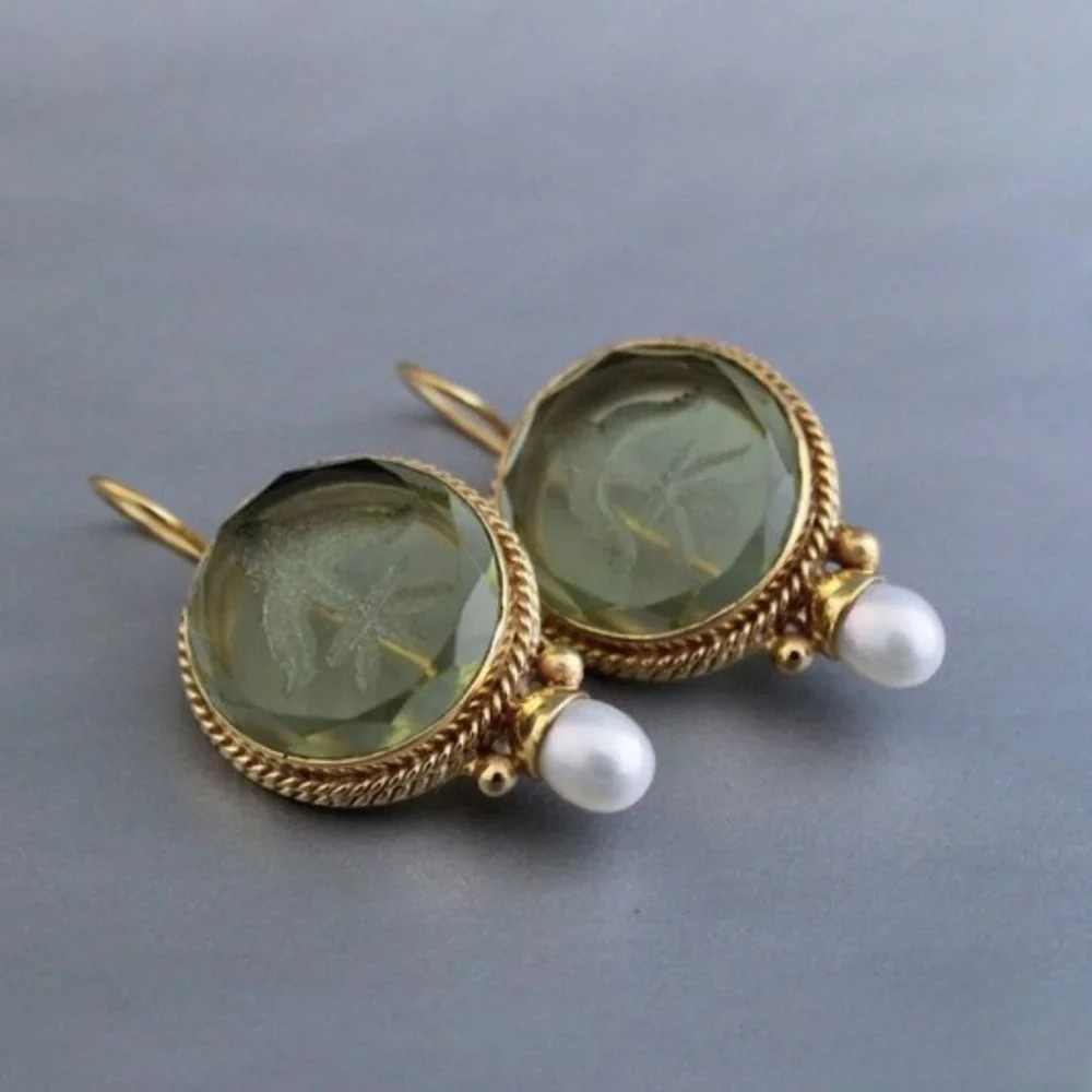 Vintage Round Green Stone Earrings Aurevea Atelier