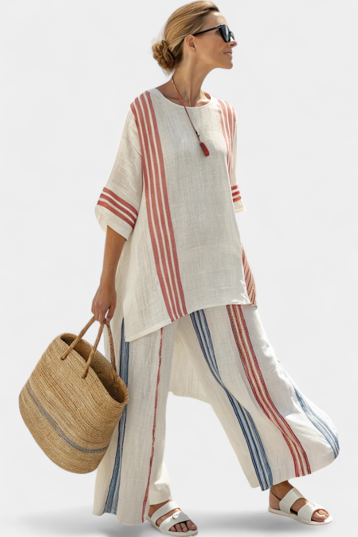 Solvane | Sophisticated Multicolor Striped Top & Mediterranean Pants Aurevea Atelier