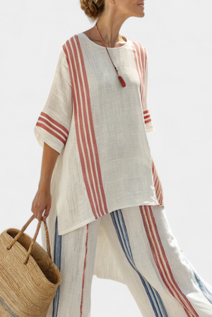 Solvane | Sophisticated Multicolor Striped Top & Mediterranean Pants Aurevea Atelier