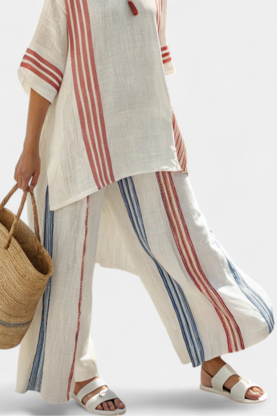 Solvane | Sophisticated Multicolor Striped Top & Mediterranean Pants Aurevea Atelier