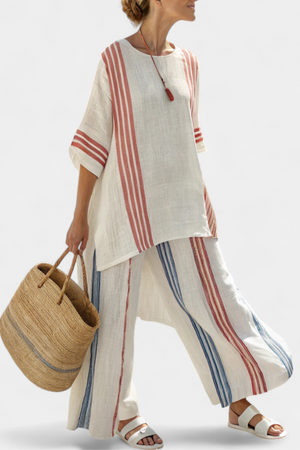 Solvane | Sophisticated Multicolor Striped Top & Mediterranean Pants Aurevea Atelier