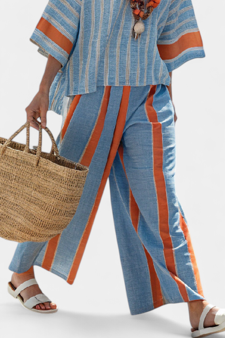 Velmere | Sophisticated Terracotta Striped Top & Linen Pants Aurevea Atelier
