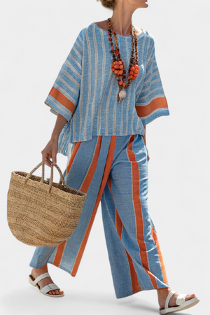 Velmere | Sophisticated Terracotta Striped Top & Linen Pants Aurevea Atelier