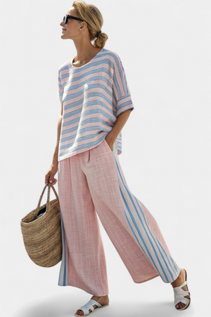 Virella | Elegant Pink-Blue Linen Blouse & Soft Pants Aurevea Atelier