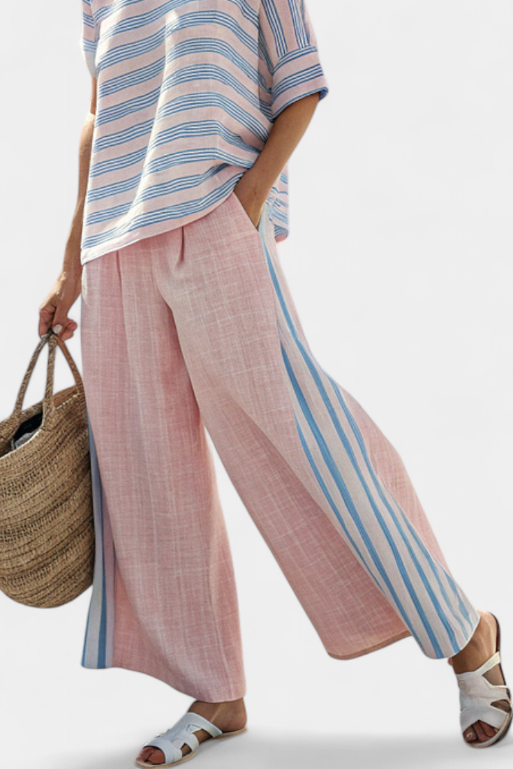 Virella | Elegant Pink-Blue Linen Blouse & Soft Pants Aurevea Atelier
