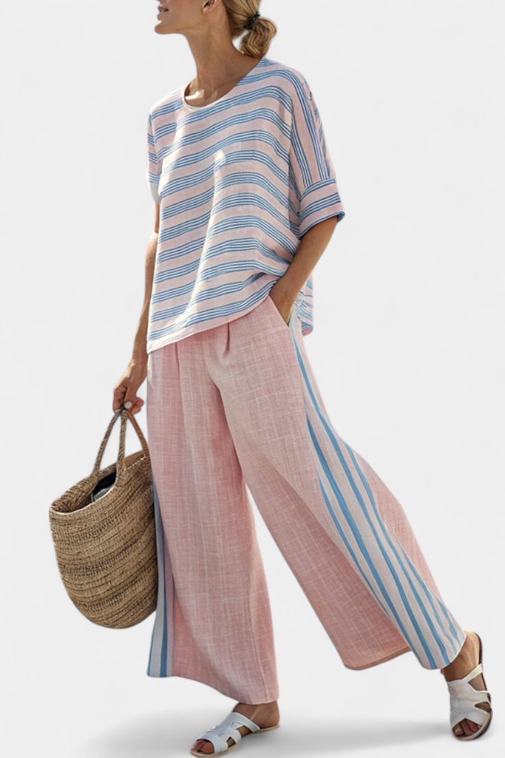 Virella | Elegant Pink-Blue Linen Blouse & Soft Pants Aurevea Atelier