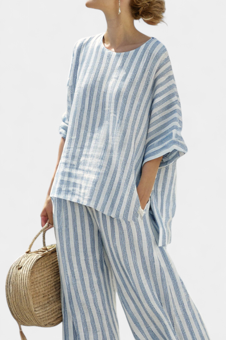 Rensleigh | Sophisticated Blue Striped Linen Top & Relaxed Pants Aurevea Atelier