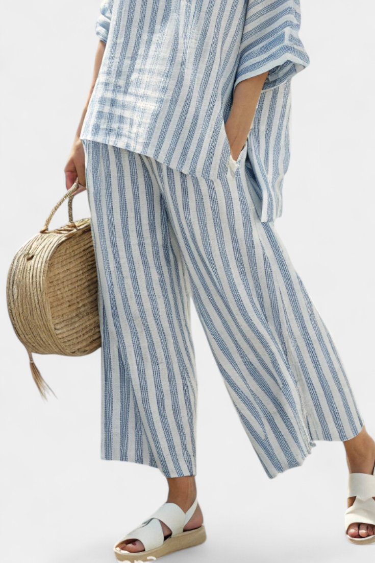 Rensleigh | Sophisticated Blue Striped Linen Top & Relaxed Pants Aurevea Atelier
