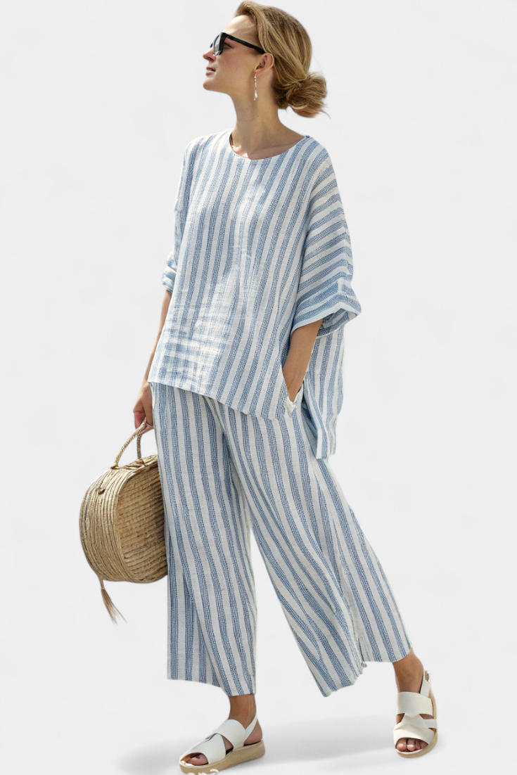Rensleigh | Sophisticated Blue Striped Linen Top & Relaxed Pants Aurevea Atelier