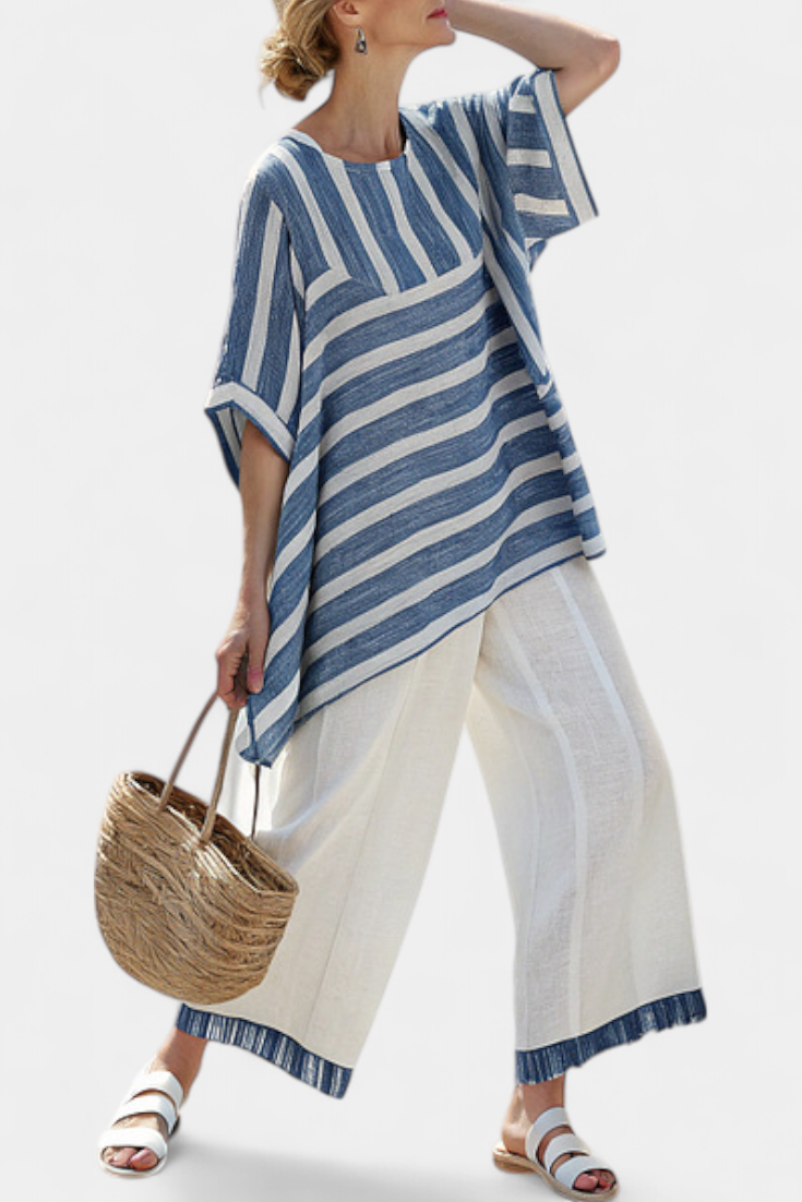 Corvielle | Sophisticated Blue Striped Top & Hem-Detailed Pants Aurevea Atelier