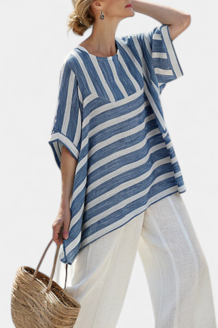 Corvielle | Sophisticated Blue Striped Top & Hem-Detailed Pants Aurevea Atelier