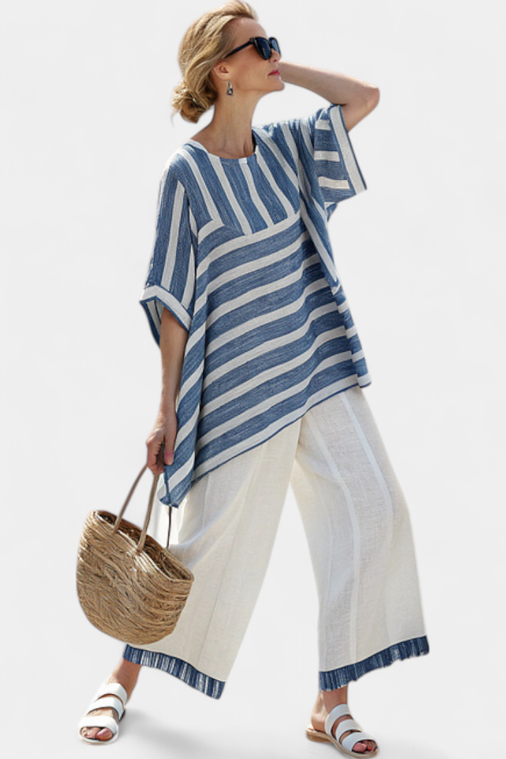 Corvielle | Sophisticated Blue Striped Top & Hem-Detailed Pants Aurevea Atelier