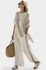 Greysen | Elegant Ivory Linen Blouse & Black Striped Pants Aurevea Atelier