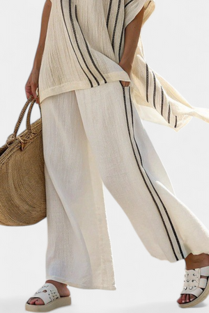 Greysen | Elegant Ivory Linen Blouse & Black Striped Pants Aurevea Atelier