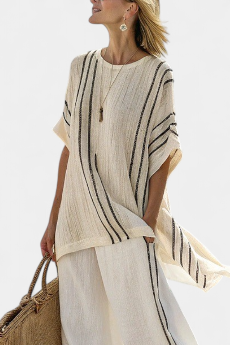 Greysen | Elegant Ivory Linen Blouse & Black Striped Pants Aurevea Atelier