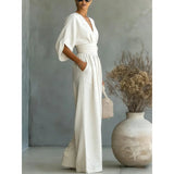 Elegant V-Neck Wide Leg Jumpsuit – Flattering High Waist Fit