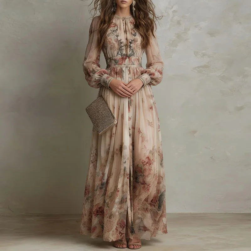 Elegant Floral Ruched Maxi Dress