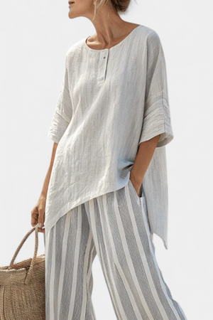 Talvora | Elegant Asymmetrical Blouse & Striped Pants Aurevea Atelier