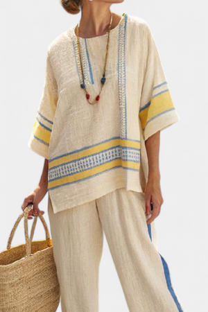 Jaxmere | Comfortable Blue-Yellow Mediterranean Top & Linen Pants Aurevea Atelier