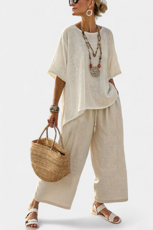 Drevon | Comfortable Minimalist Raw Blouse & Wide-Leg Pants Aurevea Atelier
