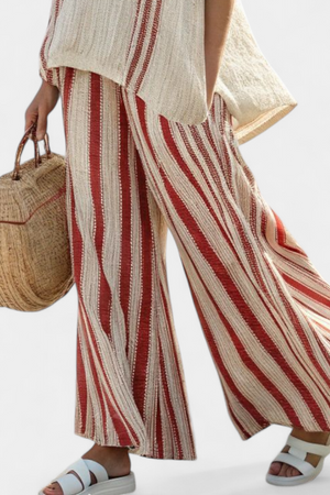 Mirella | Sophisticated Textured Red-Stripe Top & Linen Pants Aurevea Atelier
