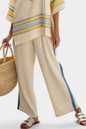 Jaxmere | Comfortable Blue-Yellow Mediterranean Top & Linen Pants Aurevea Atelier