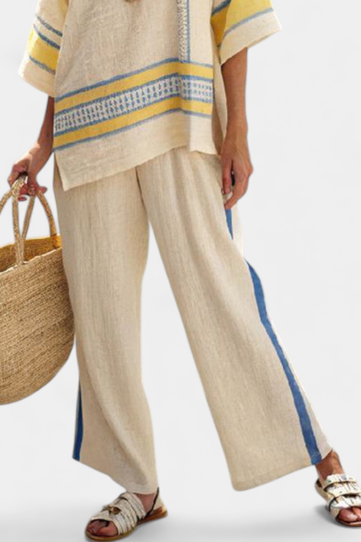 Jaxmere | Comfortable Blue-Yellow Mediterranean Top & Linen Pants Aurevea Atelier