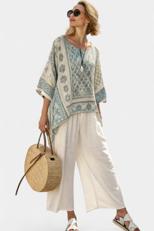 Quinley | Comfortable Printed Blouse & Wide-Leg White Pants Aurevea Atelier