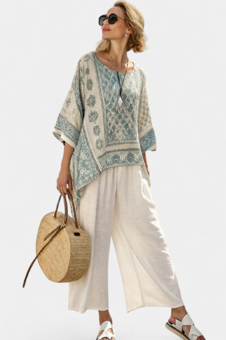 Quinley | Comfortable Printed Blouse & Wide-Leg White Pants Aurevea Atelier