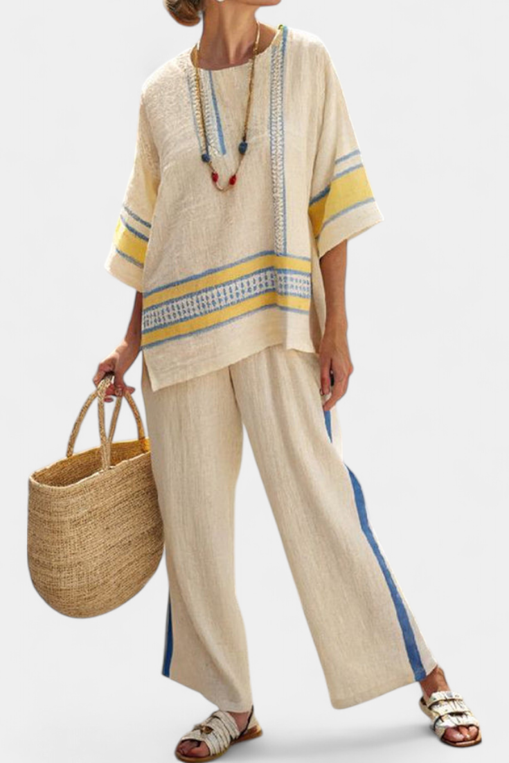 Jaxmere | Comfortable Blue-Yellow Mediterranean Top & Linen Pants Aurevea Atelier