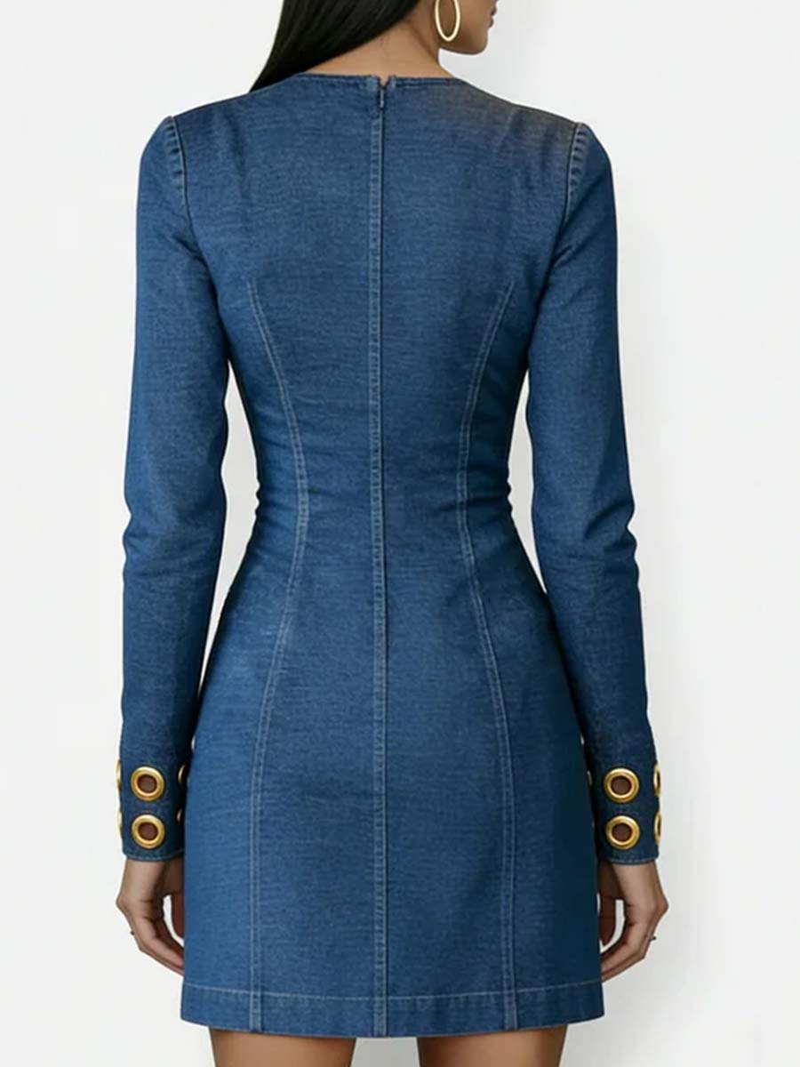 Women’s Casual Round Neck Long Sleeve Slim Fit Denim Dress