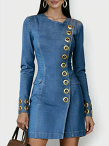 Women’s Casual Round Neck Long Sleeve Slim Fit Denim Dress