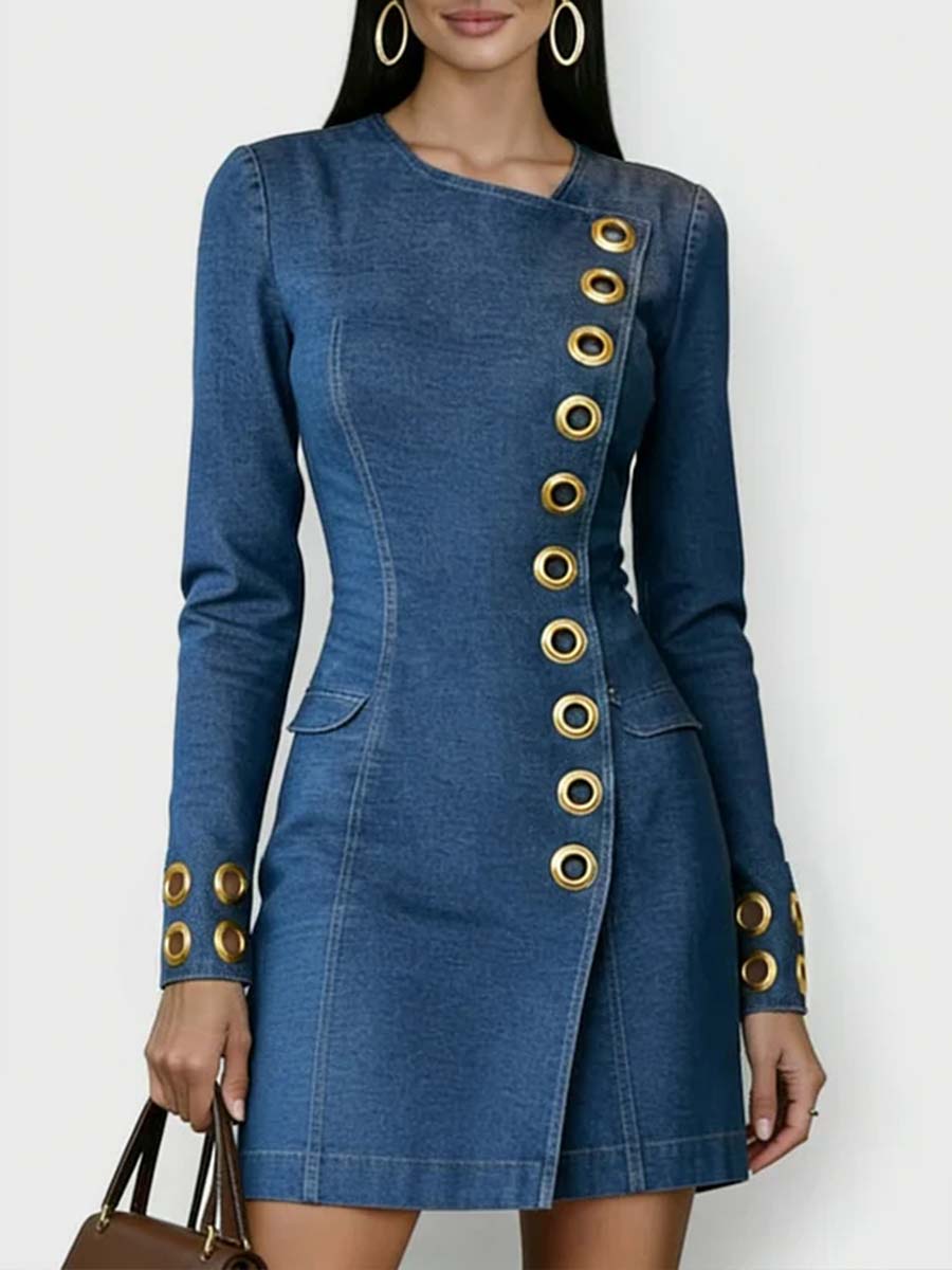 Women’s Casual Round Neck Long Sleeve Slim Fit Denim Dress