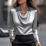 Milan Chic Silky Satin Draped Neck Blouse